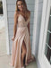 Side Slit Champagne Spaghetti Straps Long Evening Prom Dresses, Cheap Sweet 16 Dresses, 18308