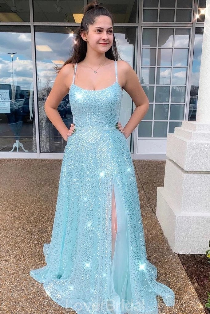 Side Slit Cheap Tiffany Blue Sequin Evening Prom Dresses, Evening Party Prom Dresses, 12186