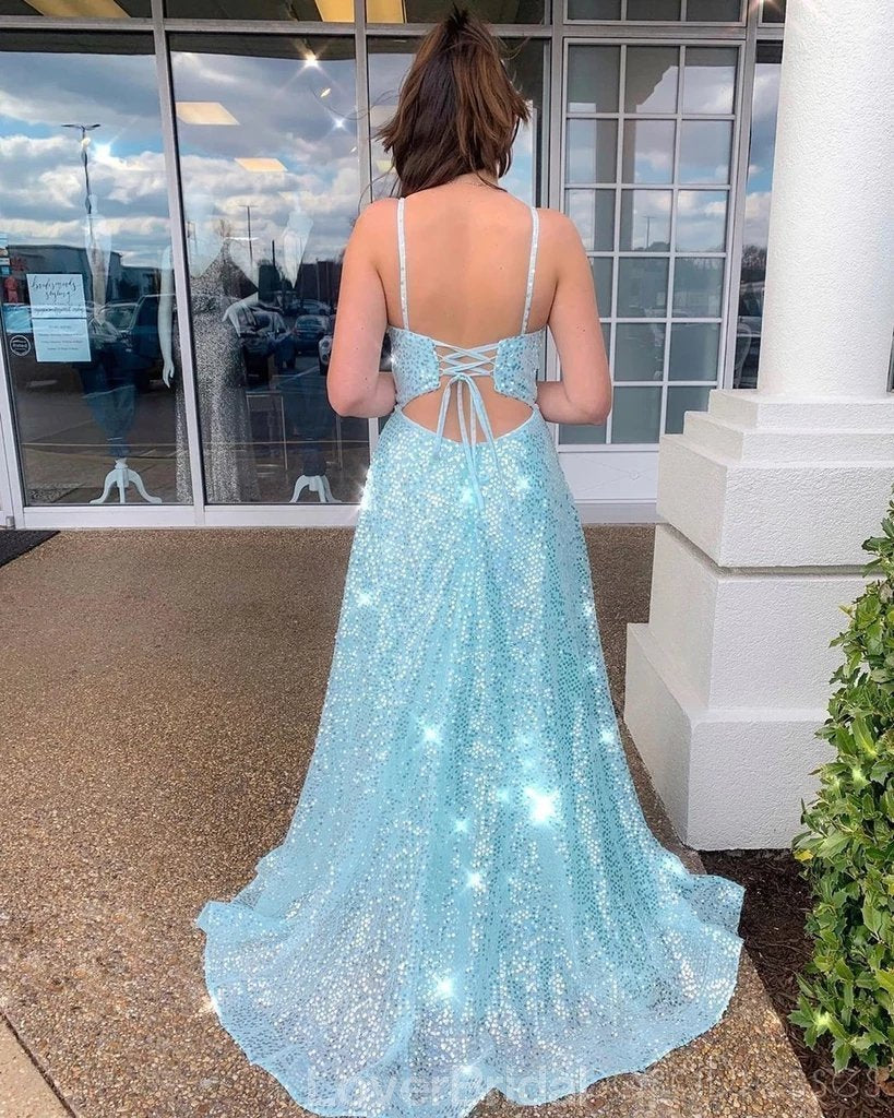 Side Slit Cheap Tiffany Blue Sequin Evening Prom Dresses, Evening Party Prom Dresses, 12186