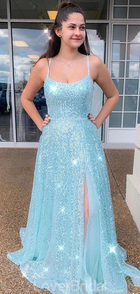 Side Slit Cheap Tiffany Blue Sequin Evening Prom Dresses, Evening Party Prom Dresses, 12186