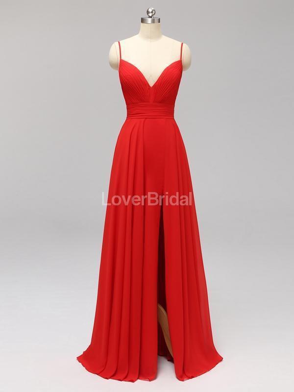 Side Slit Spaghetti Straps Red Chiffon Long Cheap Bridesmaid Dresses Online, WG592