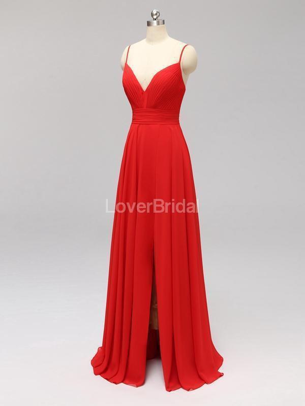 Side Slit Spaghetti Straps Red Chiffon Long Cheap Bridesmaid Dresses Online, WG592