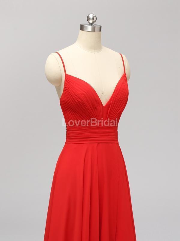 Side Slit Spaghetti Straps Red Chiffon Long Cheap Bridesmaid Dresses Online, WG592