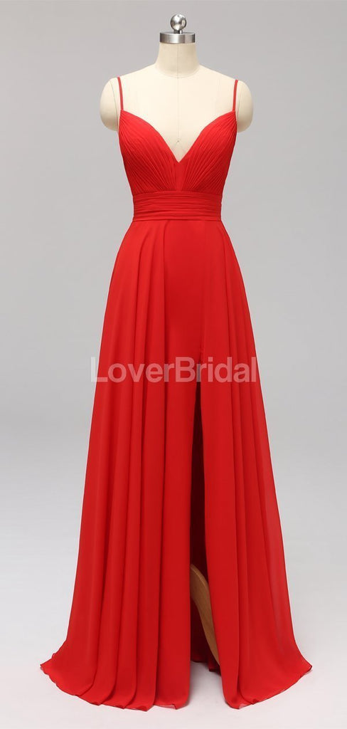 Side Slit Spaghetti Straps Red Chiffon Long Cheap Bridesmaid Dresses Online, WG592