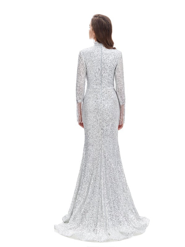 Silver Mermaid 3/4 Sleeves Cheap Prom Dresses Online,Evening Party Dresses,12579