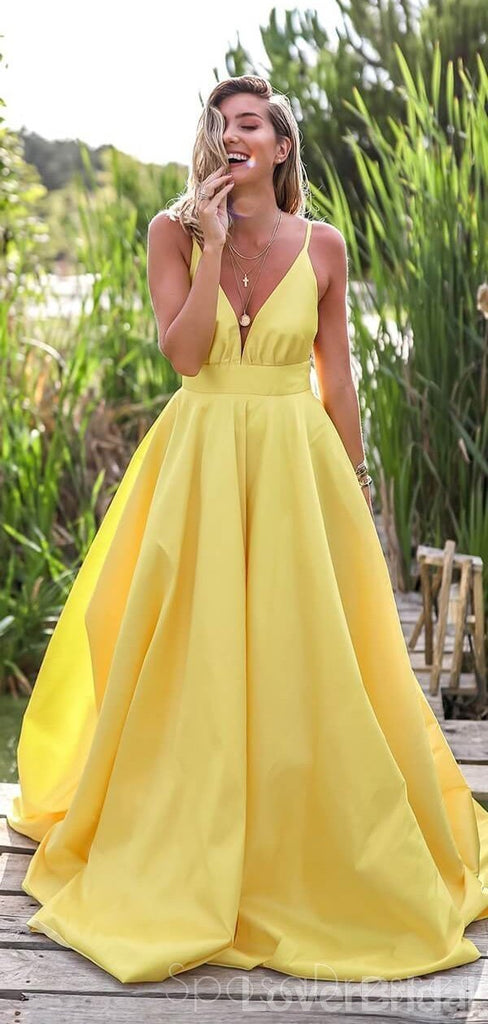 Simple Backless V-neck Cheap Yellow Long Evening Prom Dresses, Party Prom Dresses, 18613