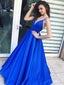 Simple Backless V Neck Spaghetti Straps A-line Long Evening Prom Dresses, 17594