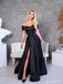 Simple Black A-line Off Shoulder Side Slit Long Prom Dresses Online,12596