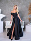 Simple Black A-line Off Shoulder Side Slit Long Prom Dresses Online,12596