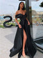 Simple Black A-Line V-neck Off Shoulder High Slit Long Prom Dresses Online,12446