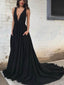 Simple Black Chiffon Backless Deep V Neck A line Long Custom Evening Prom Dresses, 17404