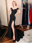 Simple Black Mermaid High Slit Off Shoulder Long Party Prom Dresses,12355