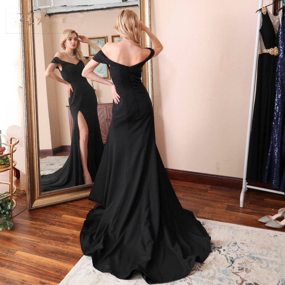 Simple Black Mermaid High Slit Off Shoulder Long Party Prom Dresses,12355