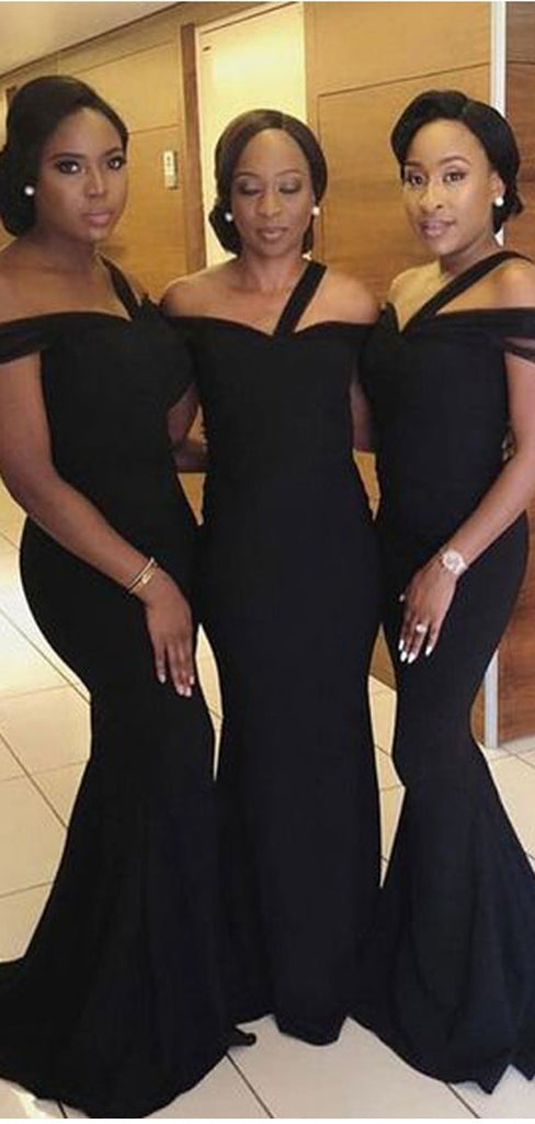 Simple Black Mermaid Off Shoulder Cheap Long Bridesmaid Dresses,WG1040