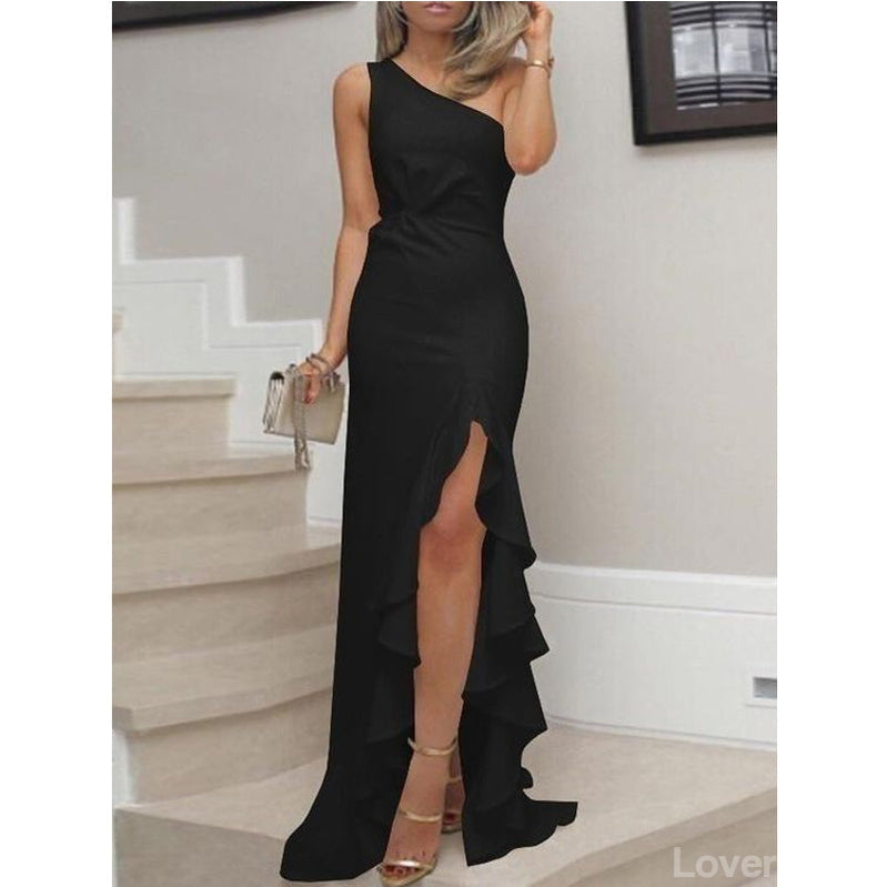 Simple Black Mermaid One Shoulder High Slit Long Bridesmaid Dresses,WG1071