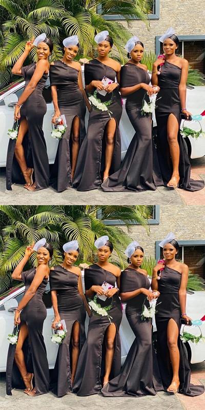 Simple Black Mermaid One Shoulder Side Slit Long Bridesmaid Dresses Online,WG997
