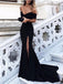 Simple Black Off Shoulder Short Sleeve Side Slit Mermaid Long Custom Evening Prom Dresses, 17417