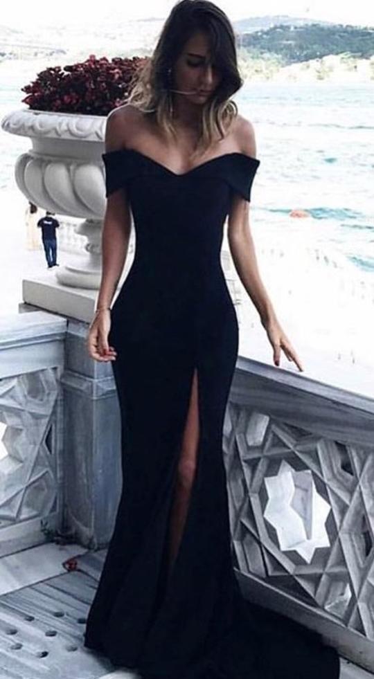 Simple Black Off Shoulder Short Sleeve Side Slit Mermaid Long Custom Evening Prom Dresses, 17417