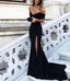 Simple Black Off Shoulder Short Sleeve Side Slit Mermaid Long Custom Evening Prom Dresses, 17417