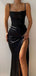 Simple Black Sheath Spaghetti Straps High Slit Cheap Bridesmaid Dresses,WG1302