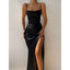 Simple Black Sheath Spaghetti Straps High Slit Cheap Bridesmaid Dresses,WG1302