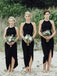 Simple Black Side Slit Short Bridesmaid Dresses, Cheap Unique Sequin Long Bridesmaid Gown, BD125