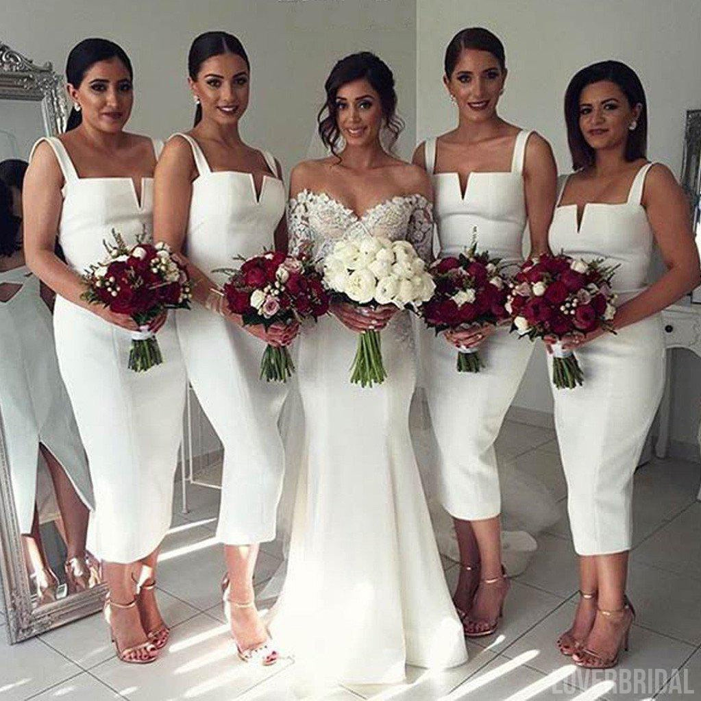 Simple Cheap Unique White Off Shoulder Straight V Neck Sexy Tea Length Bridesmaid Dresses, WG126