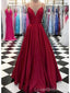 Simple Dark Red A-line Long Evening Prom Dresses, Cheap Custom Party Prom Dresses, 18589