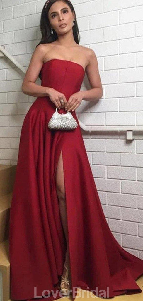 Simple Dark Red Side Slit Long Evening Prom Dresses, Evening Party Prom Dresses, 12171