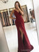 Simple Dark Red V-neck Side Slit Long Evening Prom Dresses, Cheap Custom Sweet 16 Dresses, 18546