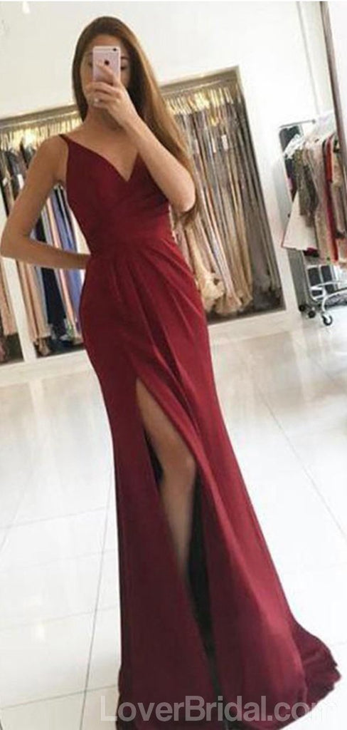 Simple Dark Red V-neck Side Slit Long Evening Prom Dresses, Cheap Custom Sweet 16 Dresses, 18546