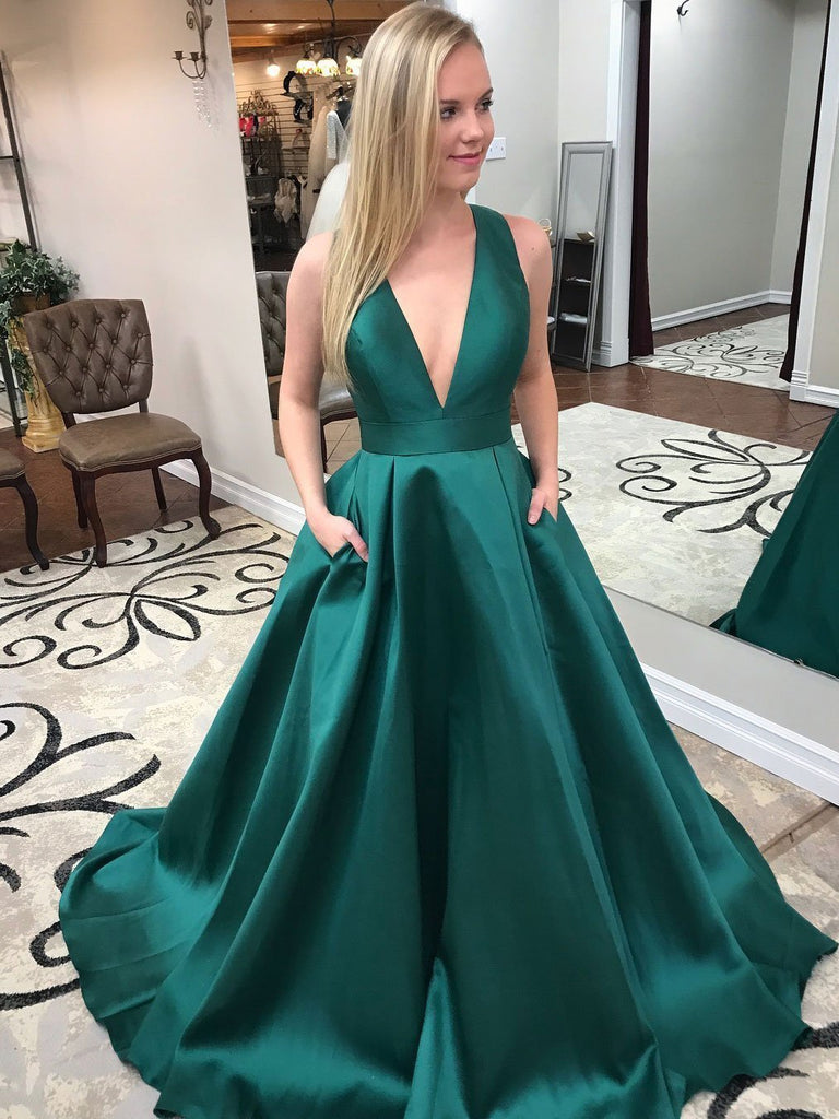 Simple Emerald Green A-line Long Evening Prom Dresses, 17709