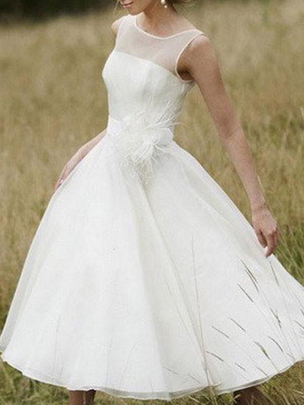 Simple Illusion Neck Cheap Short Wedding Dresses Online, WD365