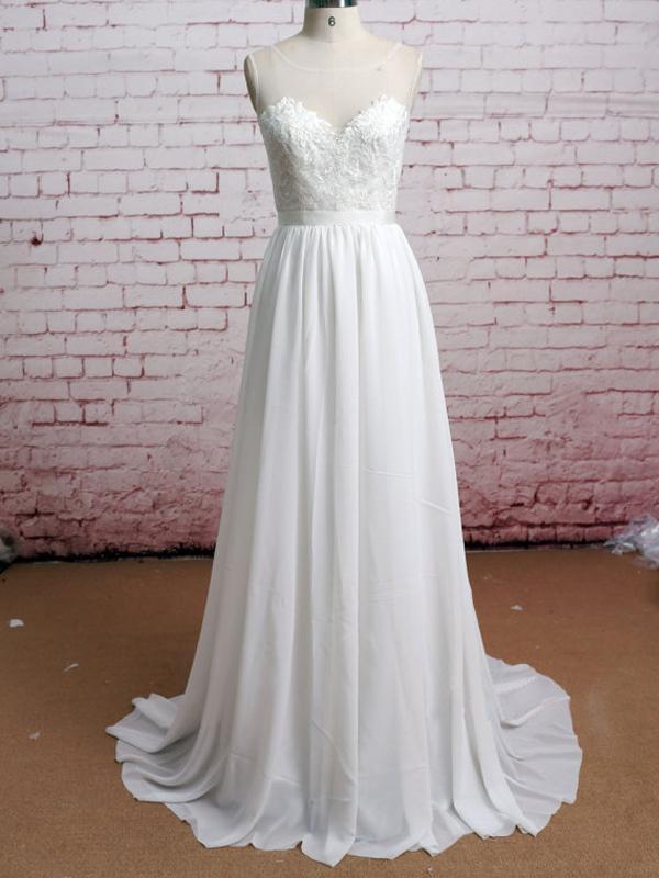 Simple Illusion See Through Cheap Beach Wedding Dresses Online, WD373