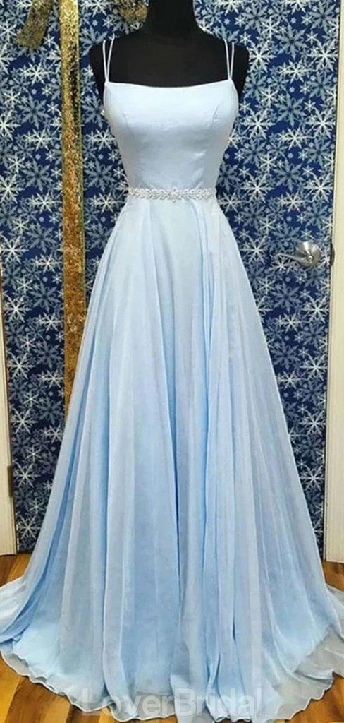 Simple Light Blue Chiffon A-line Long Evening Prom Dresses, Evening Party Prom Dresses, 12187