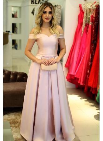 Simple Light Pink Off Shoulder A line Long Evening Prom Dresses, 17511