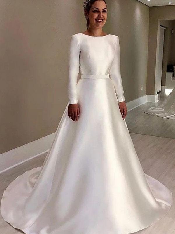 Simple Long Sleeves Satin A-line Wedding Dresses, Cheap Wedding Gown, WD712