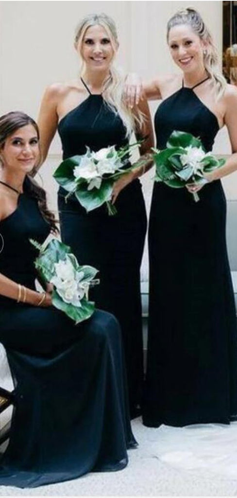 Simple Mermaid Black Halter Cheap Long Bridesmaid Dresses Online,WG978