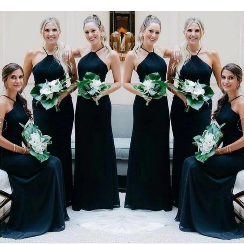 Simple Mermaid Black Halter Cheap Long Bridesmaid Dresses Online,WG978