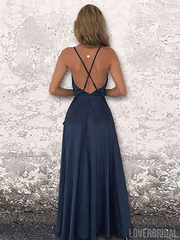 Simple Navy Spaghetti Straps Cheap Long Evening Prom Dresses, Evening Party Prom Dresses, 12348