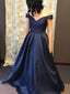 Simple Off Shoulder Navy A-line Long Evening Prom Dresses, 17551