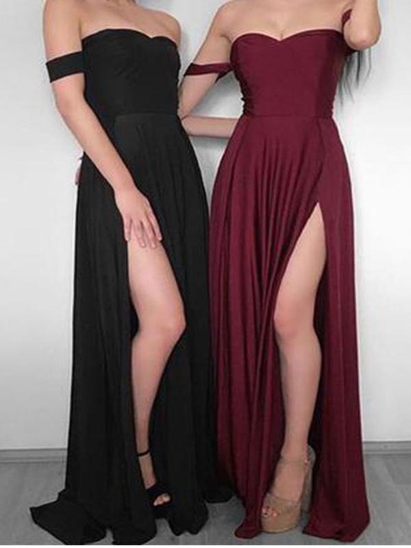 Simple Off Shoulder Side Slit Long Evening Prom Dresses, 17700