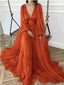 Simple Orange A-line V-neck Long Sleeves Maxi Long Prom Dresses,13046