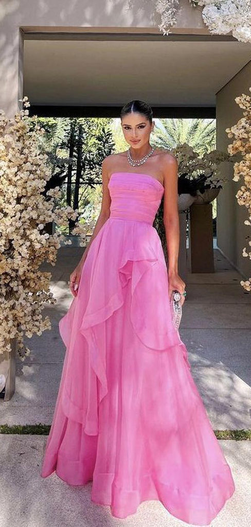 Simple Pink A-line Strapless Maxi Long Prom Dresses,Evening Dresses,13028