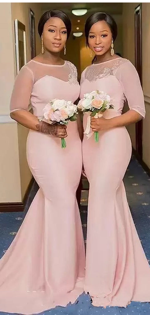 Simple Pink Mermaid Short Sleeves Jewel Cheap Long Bridesmaid Dresses,WG1124