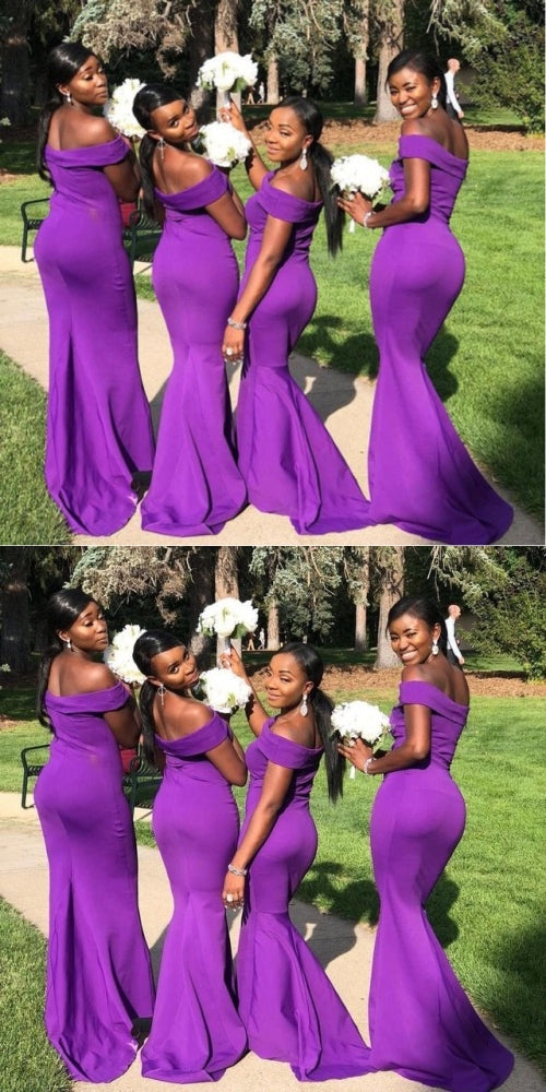 Simple Purple Mermaid Off Shoulder Cheap Long Bridesmaid Dresses,WG1409