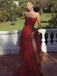 Simple Red A-line Strapless High Slit Maxi Long Prom Dresses,13020