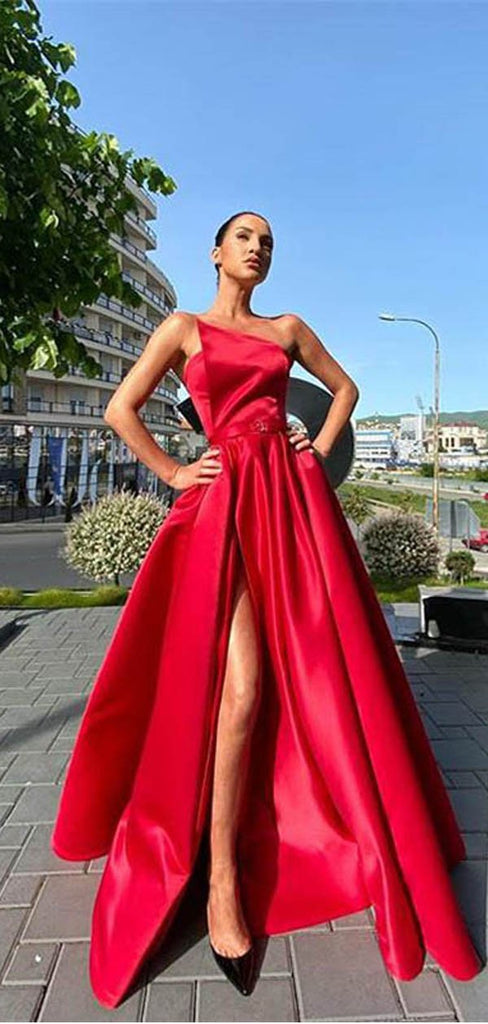 Simple Red A-line Sweetheart High Slit Long Prom Dresses Online,12503