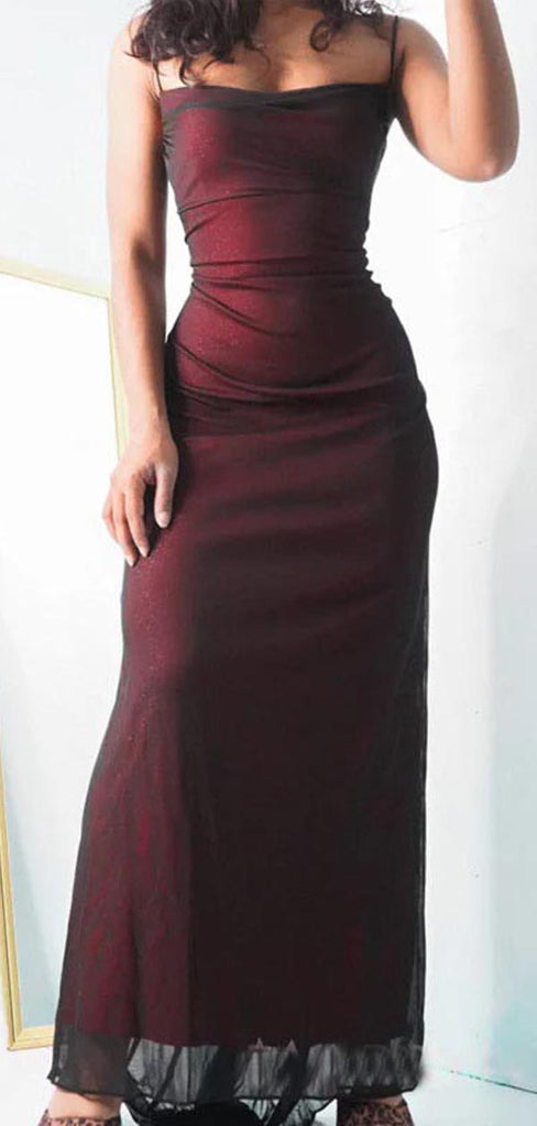 Simple Red Sheath Spaghetti Straps Maxi Long Prom Dresses,13018