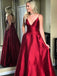 Simple Red Spaghetti Straps A-line Long Evening Prom Dresses, 17548